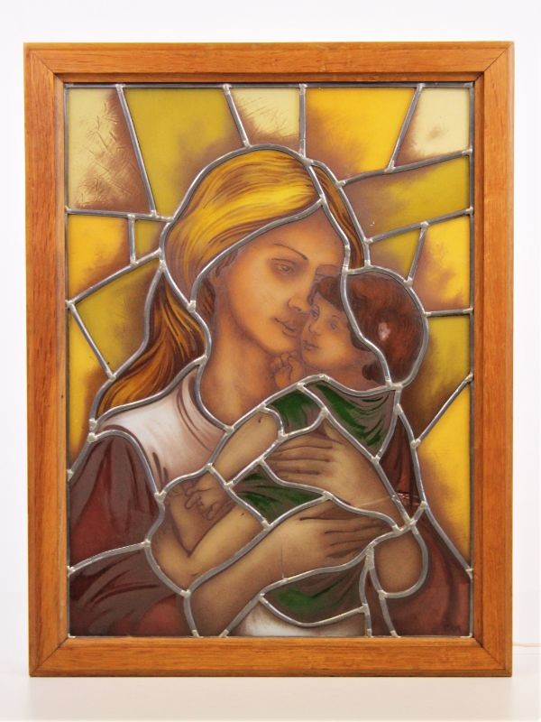 Mooie vintage lichtbak met loodglas - Maria en Jezus